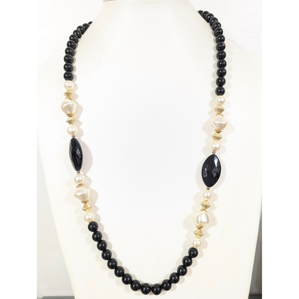 Vintage Faux Pearl Black Bead Necklace 30" Long Acrylic Statement Strand